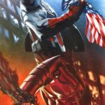 A comic book cover featuring an American flag-clad man embodying the spirit of liberty against the backdrop of an American flag.