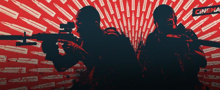 Silhouette of soldiers brandishing guns against a striking red background.