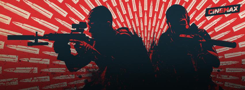 Silhouette of soldiers brandishing guns against a striking red background.