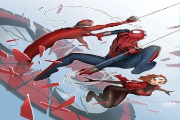 A pair of Scarlet Spiders soaring through the sky.