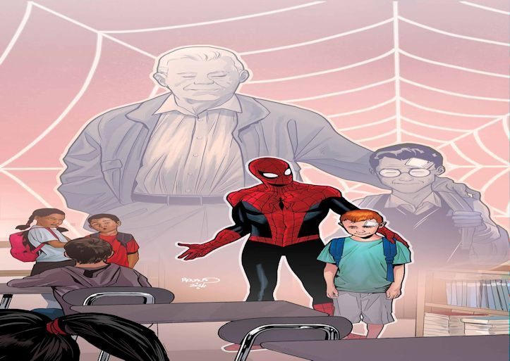 A Spider-Man from the Avengers is standing in front of a group of children in a classroom.