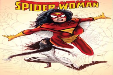 The cover of Spider-Woman featuring two women flying in the air.