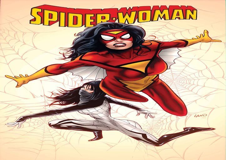 The cover of Spider-Woman featuring two women flying in the air.