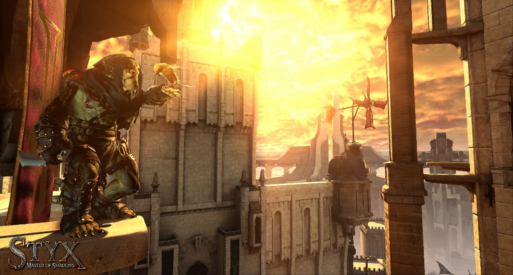 An image of a man standing on a Styx ledge in front of a castle.