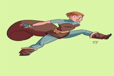 A cartoon of Squirrel Girl running with a bag.