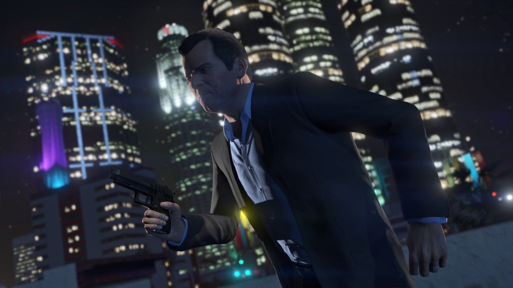A man in a suit is holding a gun in front of a city, reminiscent of Grand Theft Auto V.