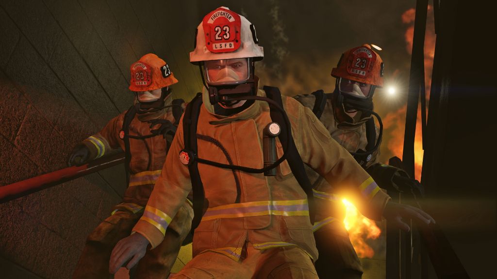 A team of firefighters in a stairwell, reminiscent of Grand Theft Auto V.