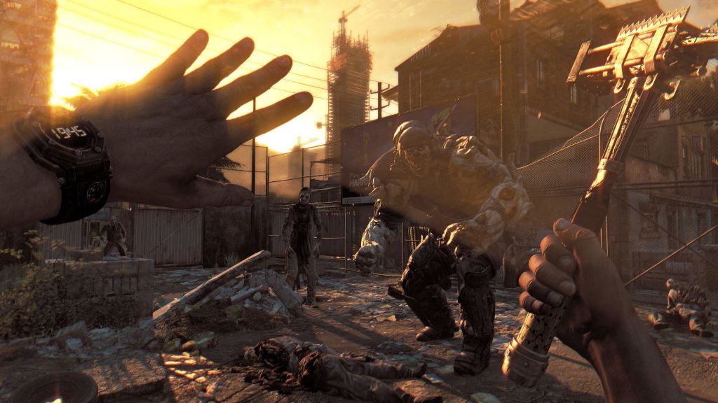 A man is holding a gun in the middle of a city in Dying Light.