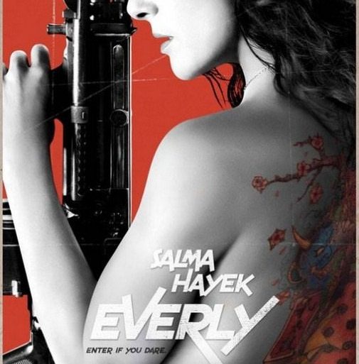 A poster for the movie 'Everly' featuring a woman holding a gun.