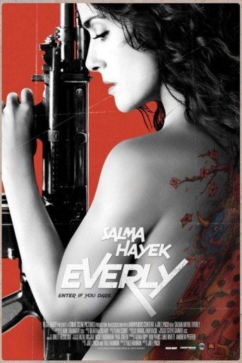 Poster for the action film "Everly" featuring a gun-wielding woman.