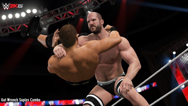 In WWE 2K15, two wrestlers engage in an intense wrestling match.