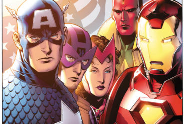 The Avengers assembled in front an American flag.