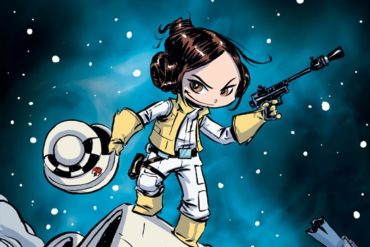 A cartoon girl resembling Princess Leia with a gun on top of a spaceship.