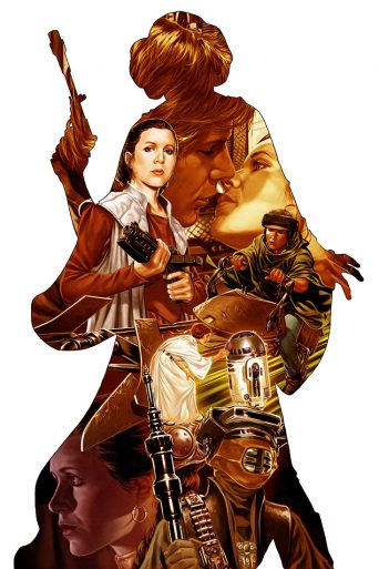 A star wars poster featuring Princess Leia holding a gun.