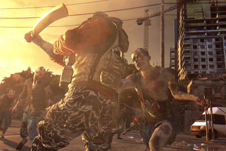 In Dying Light, a zombie brandishes an axe amidst a cityscape.