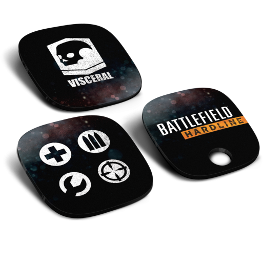 A black and white key ring with the word battlefield on it featuring an astro design.