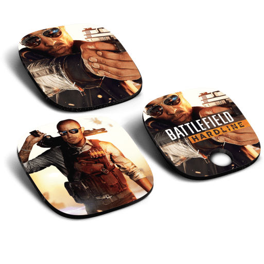 A pair of Astro gaming mousepads featuring an image of a man with a gun.