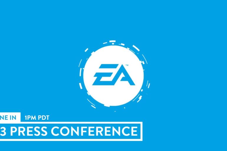 The E3 press conference logo on a blue background.