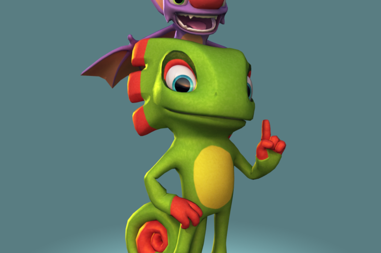 A Yooka-Laylee character standing atop a green lizard cartoonishly.