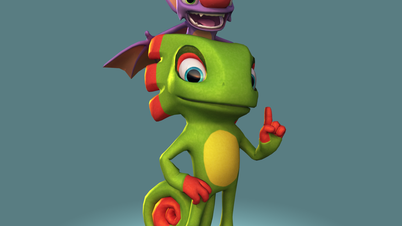 A Yooka-Laylee character standing atop a green lizard cartoonishly.