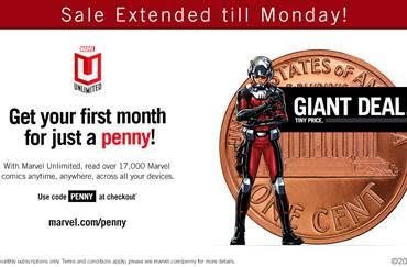 An ad for Marvel Unlimited featuring a giant coin offering a penny deal.