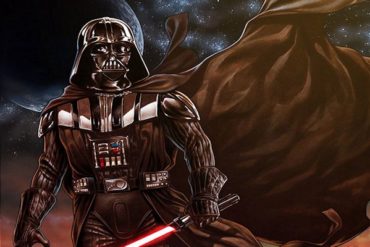 Vader stands against the starry sky.
