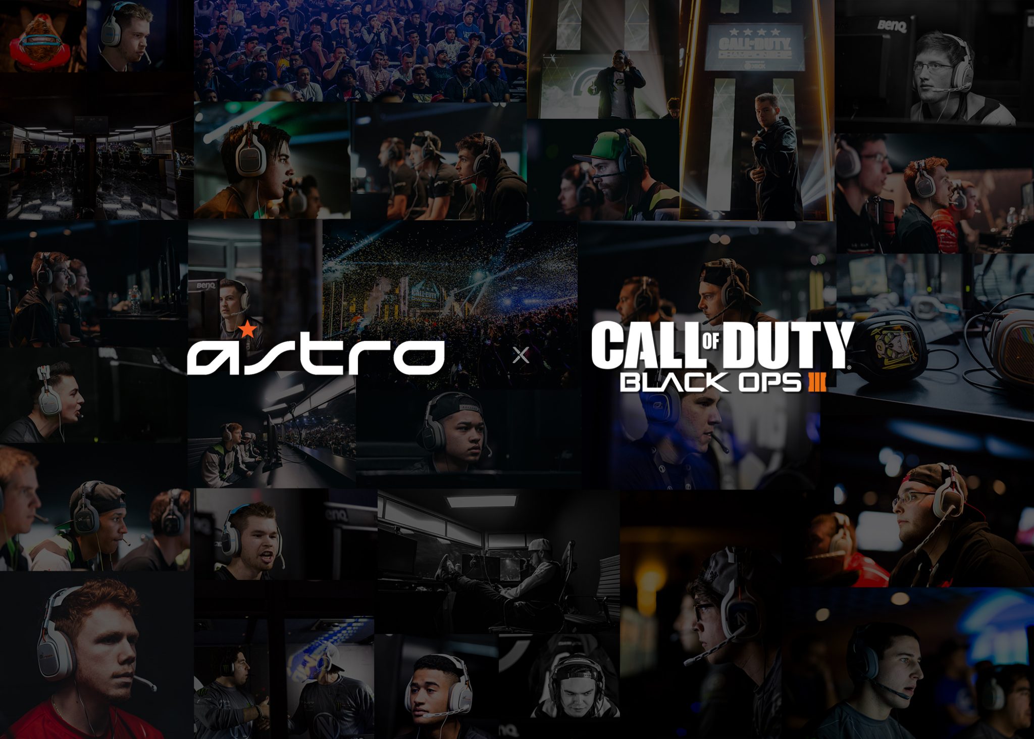 A collage featuring Astro headset-clad people immersed in the world of Call of Duty: Black Ops.