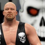 A WWE 2K16 wrestler standing in front of a skull.