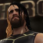 A WWE 2K16 wrestler showcasing their long hair and beard beside a sign.