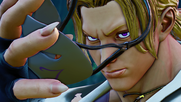 A Vega character holding a mask with purple eyes.