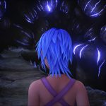 A girl with blue hair is standing in a Kingdom Hearts-inspired cave.