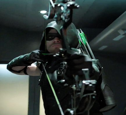 The green arrow is wielding a bow and arrow.