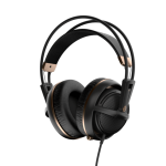 A black Steel Series headphones on a black background.