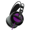 Steel Series headphones with purple cords on a black background.