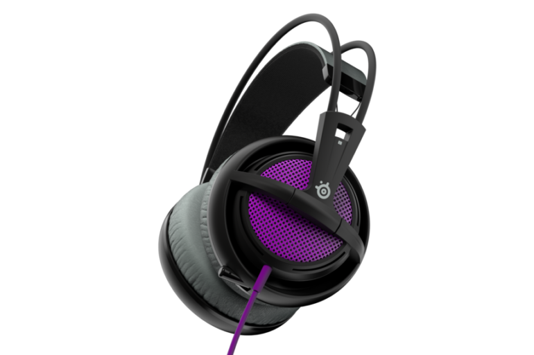 Steel Series headphones with purple cords on a black background.