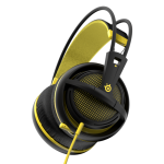 A pair of Steel Series headphones on a black background.