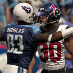 Two NFL players are congratulating each other in a video game developed by EA.