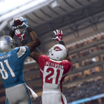 Two EA NFL players showcasing their skills by catching a ball in a stadium.