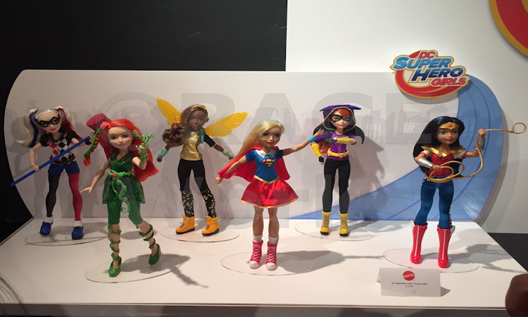 A display of Mattel DC Comics dolls.