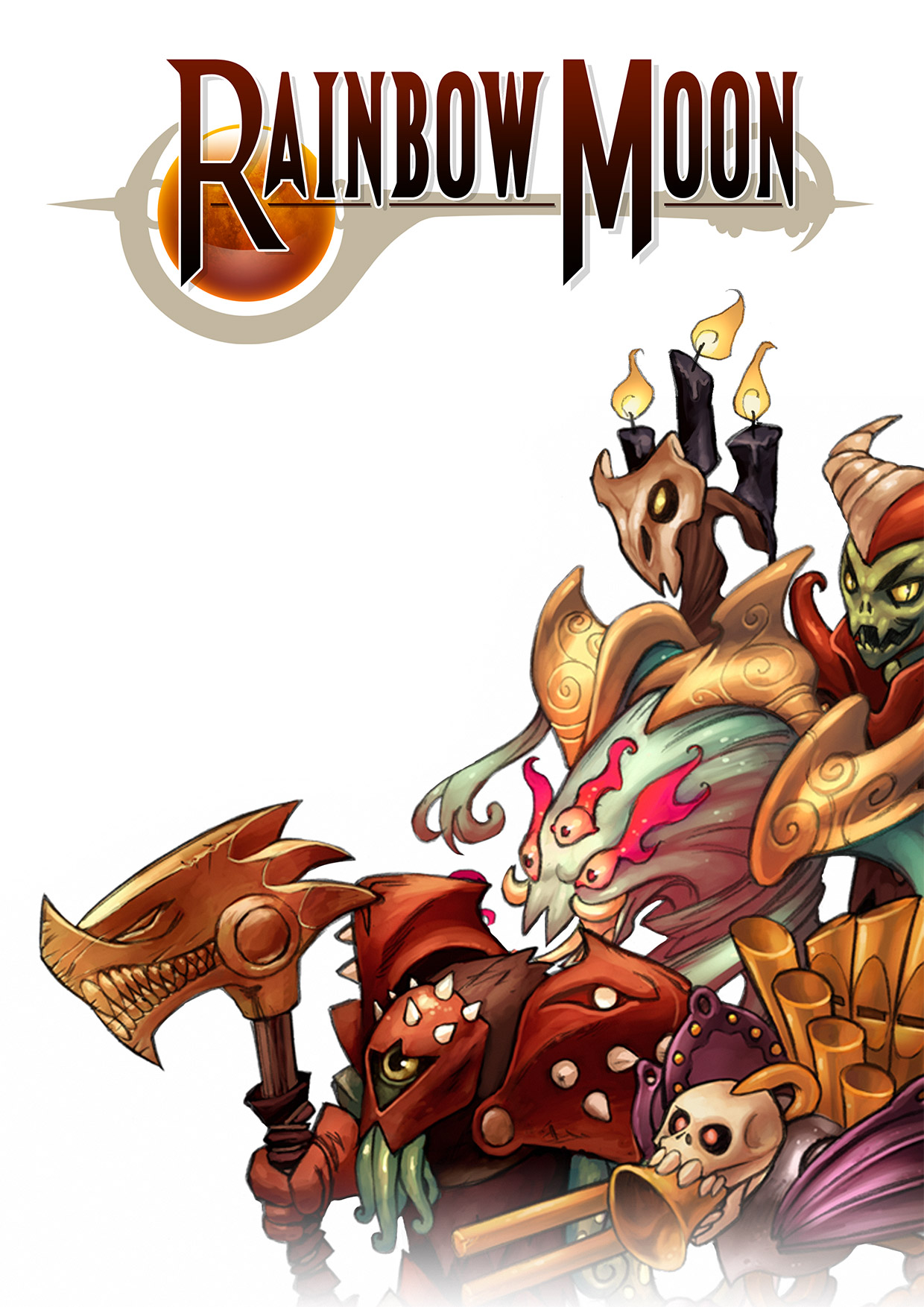 Rainbow moon's logo with a group of characters featuring R.A.G.E. Works.