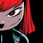 A cartoon girl with red hair and a black background, resembling Black Widow.