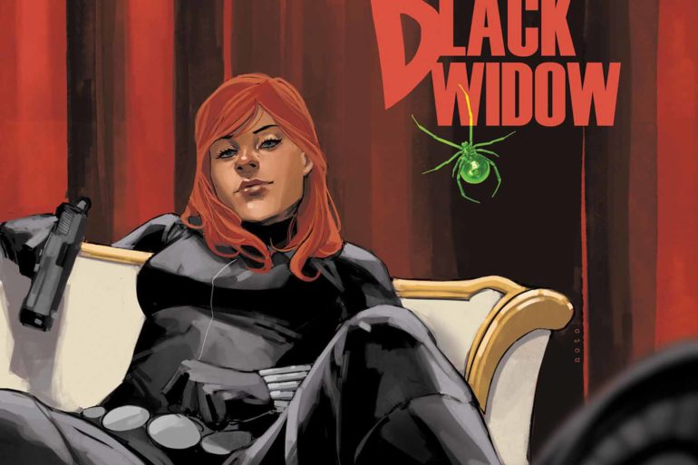 The cover of Black Widow featuring a woman on a couch.