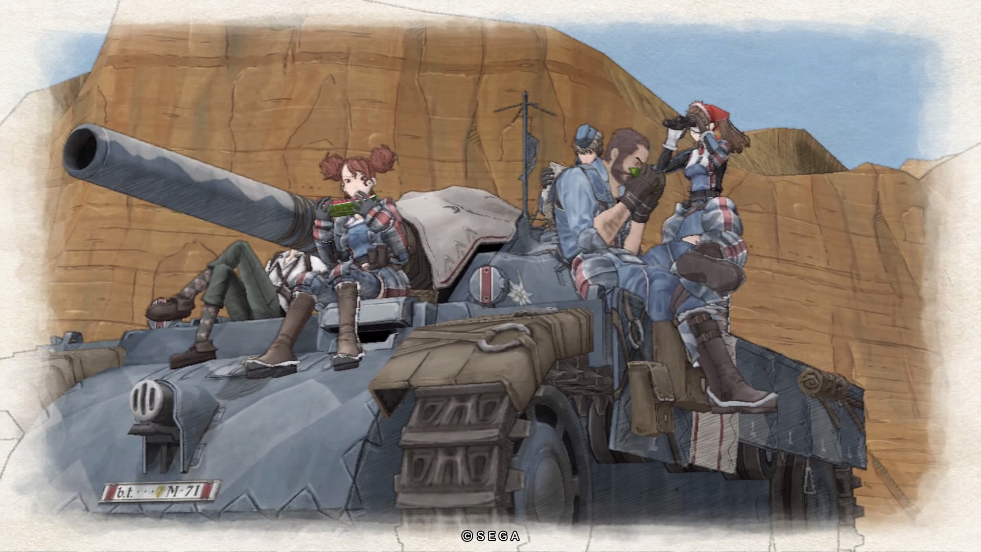 A group of people sitting on top of a tank in Valkyria Chronicles Remastered.
