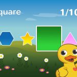 A duck named Edwin in a field with squares and shapes.