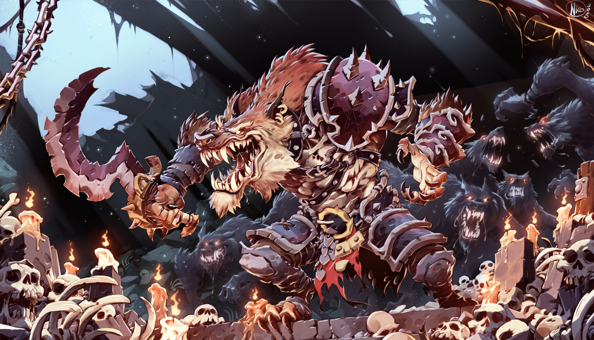 An image of a demon in a dungeon full of skeletons from Battle Chasers.