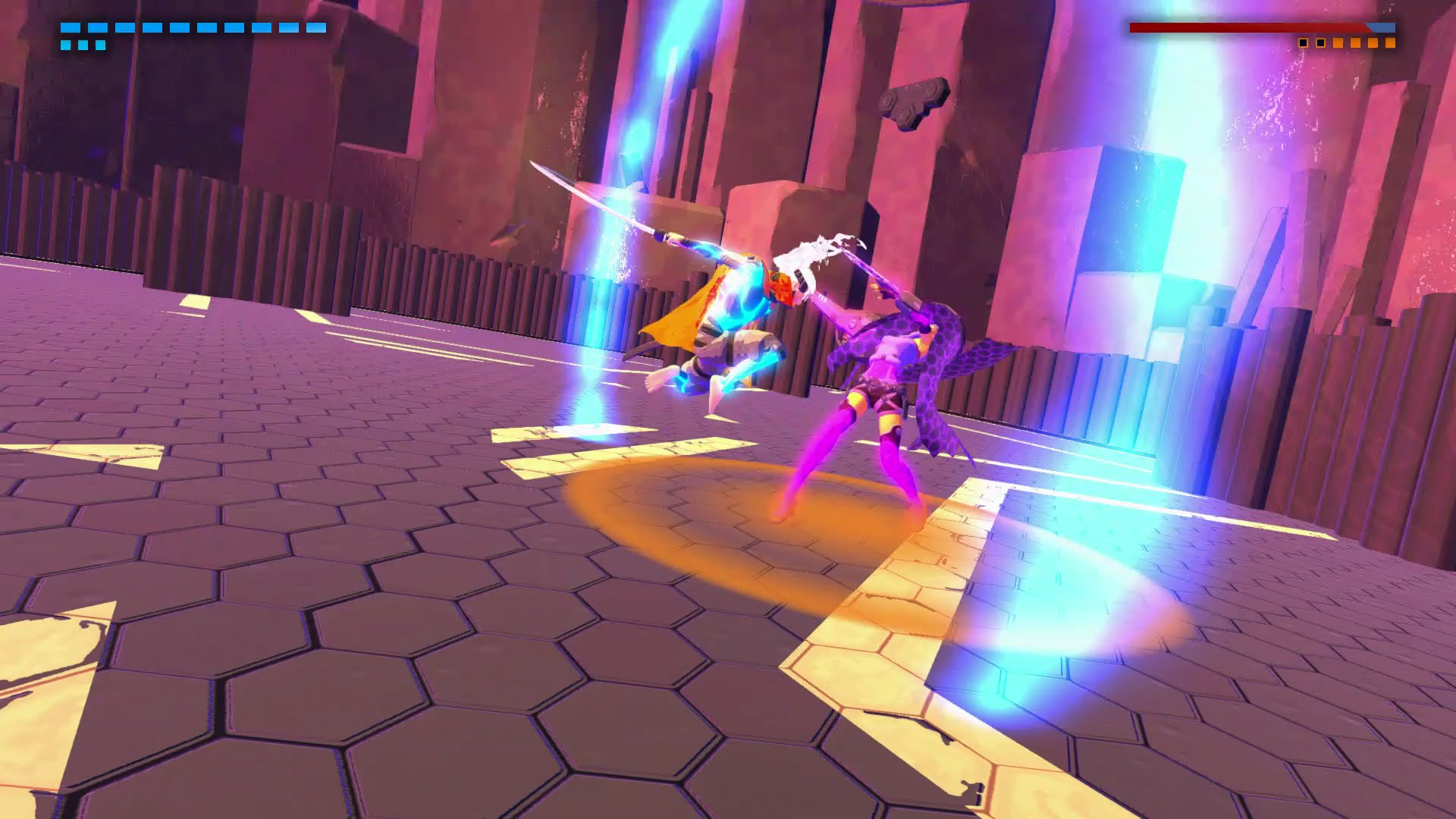 A screenshot of two characters in the game Furi.