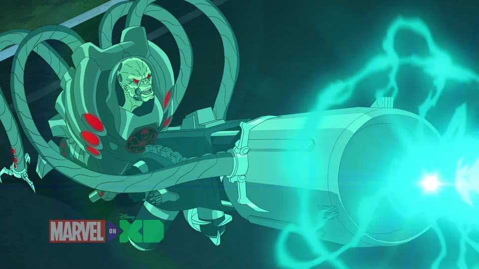 An animated character with a blue light coming out of his mouth, resembling Ultimate Spider-Man.