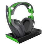 A green and black A50 gaming headset on a stand.