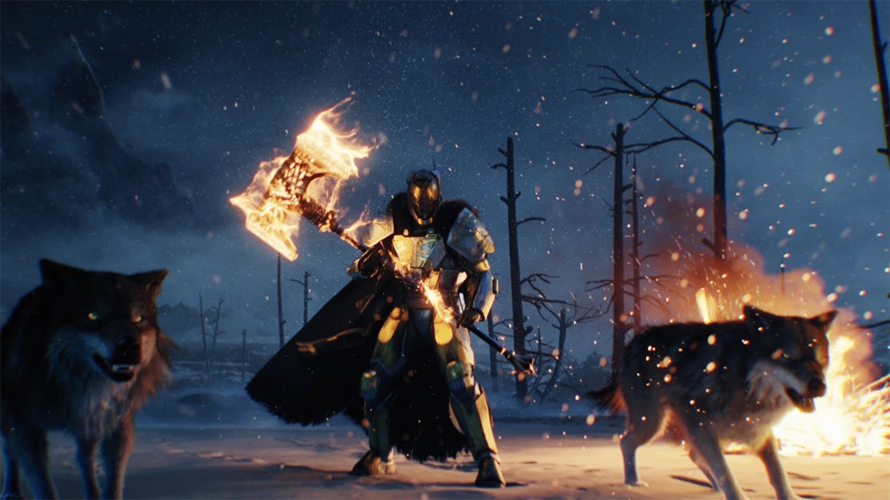 A man wielding a sword encounters a wolf in the snowy landscape of Destiny: Rise of Iron.