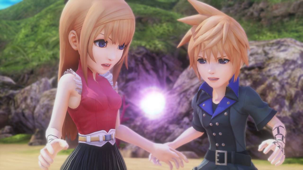 A girl and a boy are standing next to each other in the World of Final Fantasy video game.